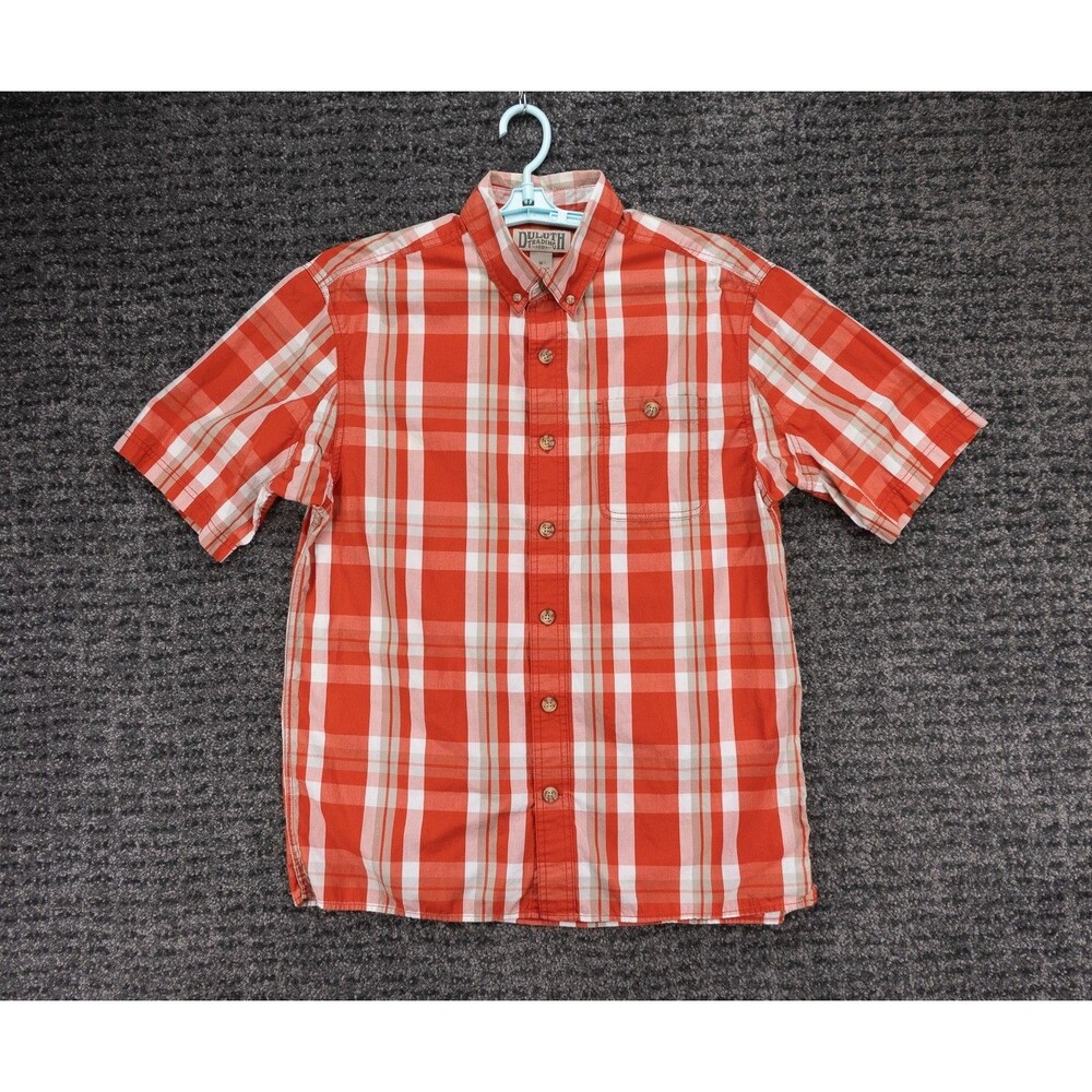 Duluth Trading Shirt Mens Medium Burnt Orange White Plaid Short Sleeve Casual